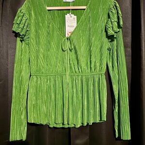 Zara Green Puff Sleeve Blouse with Tie Front